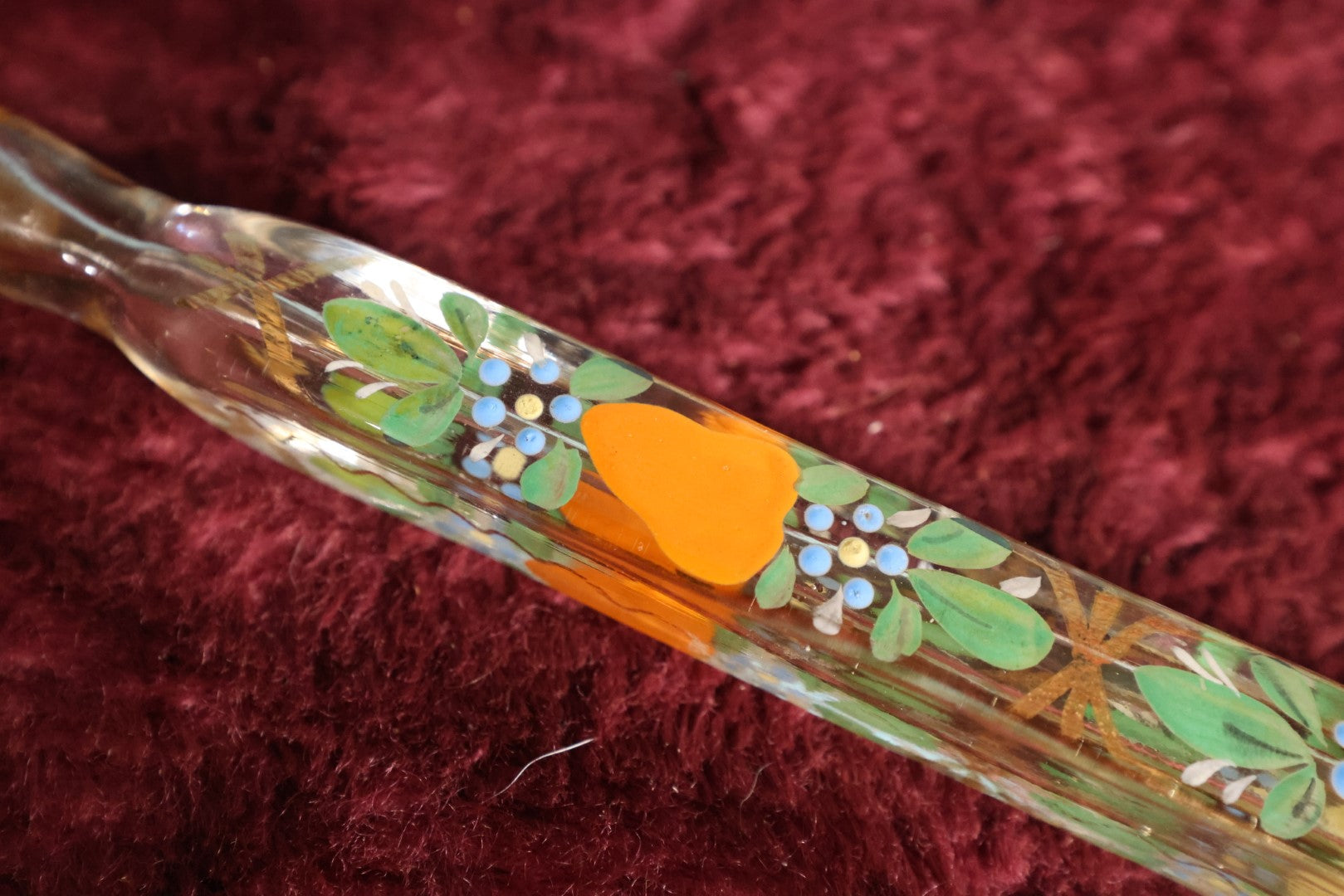 Lot 059 - Antique Lay Flat Perfume Glass Bottle Scent Vial With Hand Painted Colorful Fruits, Plugged With Stopper Stem, About 8" Long