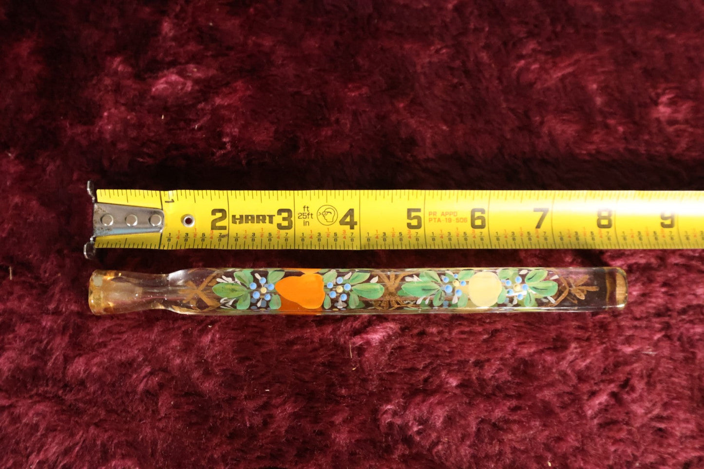 Lot 059 - Antique Lay Flat Perfume Glass Bottle Scent Vial With Hand Painted Colorful Fruits, Plugged With Stopper Stem, About 8" Long