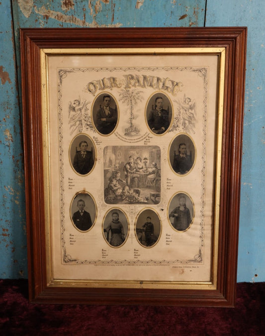 Lot 063 - Antique "Our Family" Framed Lithograph Family Record With Eight Tintypes Of Siblings, Writing In Ink Has Faded, Crider & Bro Publishers, York, Pennsylvania, Circa 1871, 17" x 22"