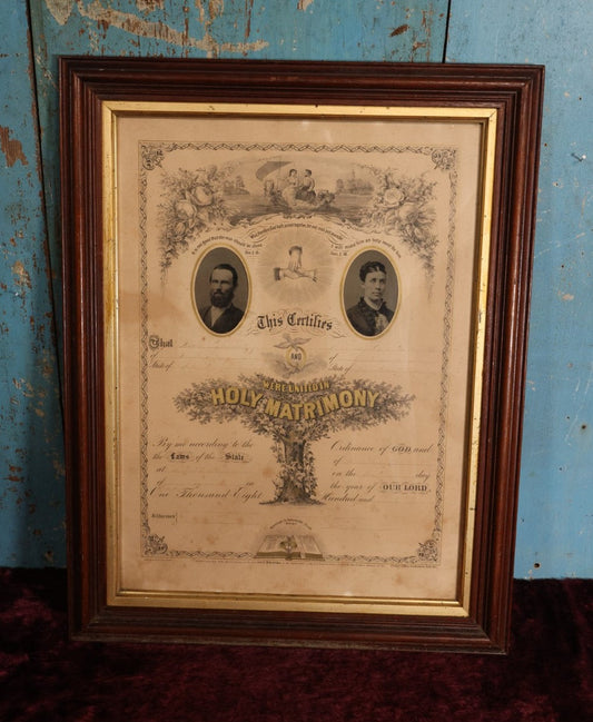 Lot 064 - Antique Holy Matrimony Marriage Certificate Document With Tintype Of Couple, Writing In Ink Has Faded, Crider & Bro Publishers, York, Pennsylvania, Circa 1868, 17" x 22"