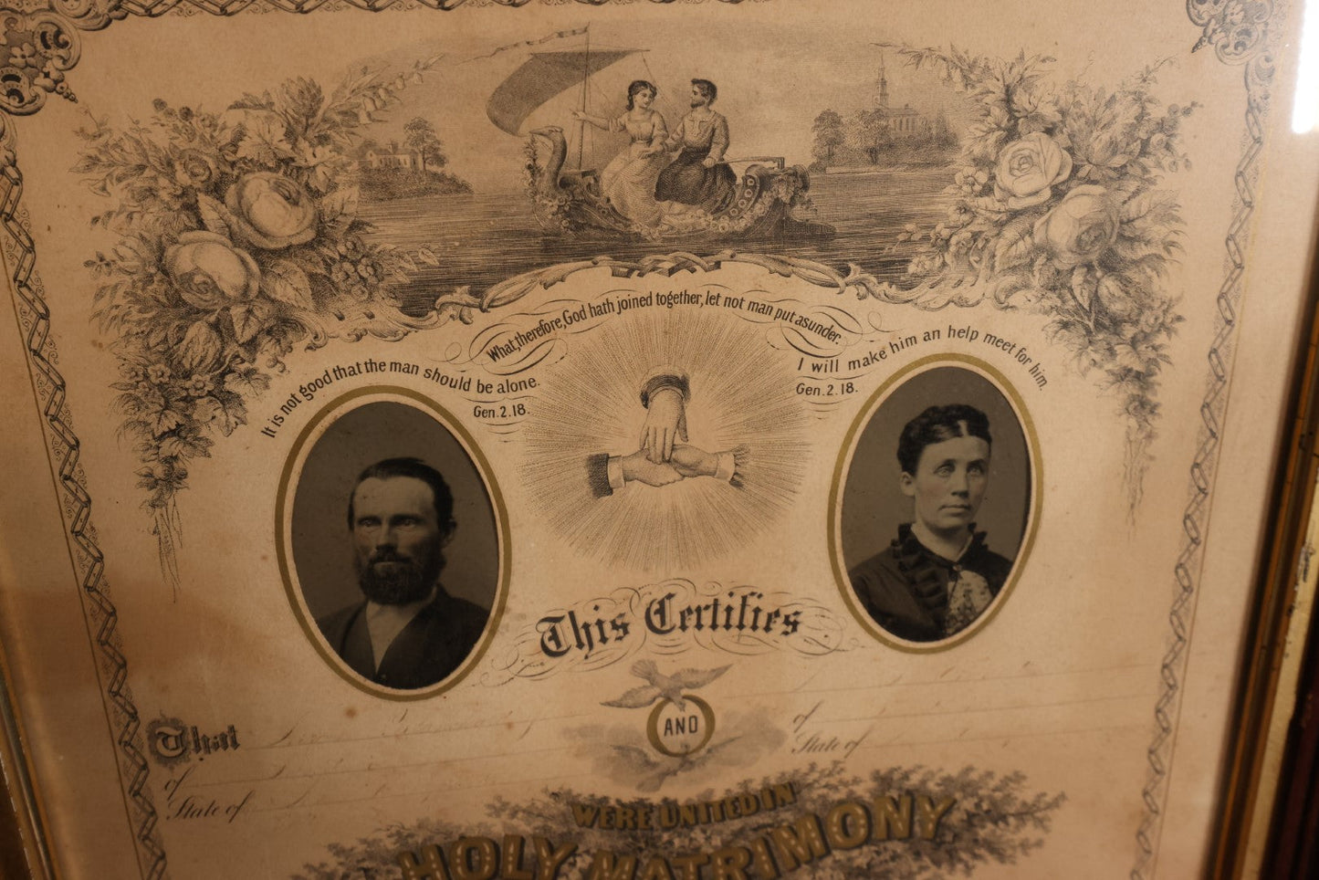 Lot 064 - Antique Holy Matrimony Marriage Certificate Document With Tintype Of Couple, Writing In Ink Has Faded, Crider & Bro Publishers, York, Pennsylvania, Circa 1868, 17" x 22"