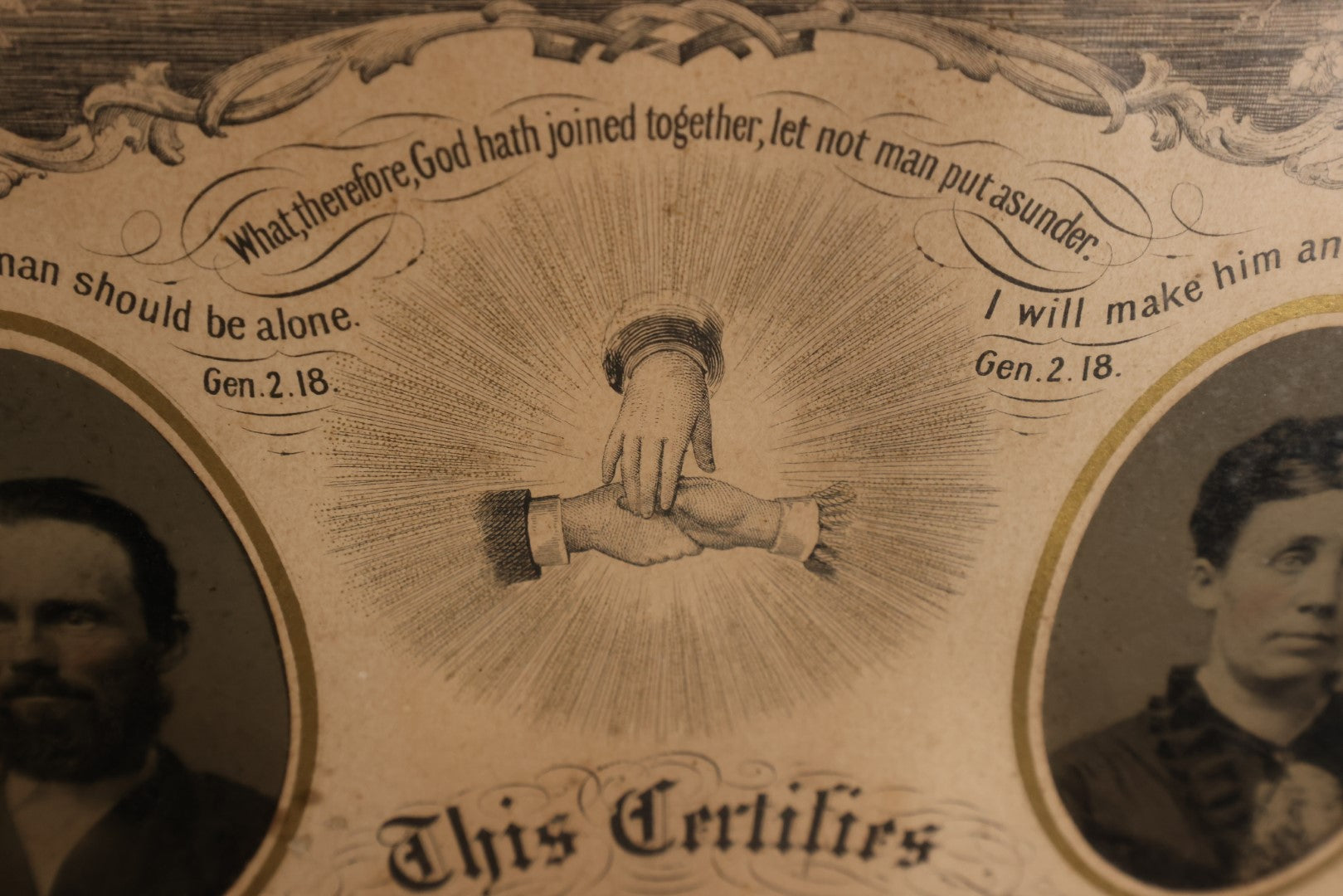 Lot 064 - Antique Holy Matrimony Marriage Certificate Document With Tintype Of Couple, Writing In Ink Has Faded, Crider & Bro Publishers, York, Pennsylvania, Circa 1868, 17" x 22"