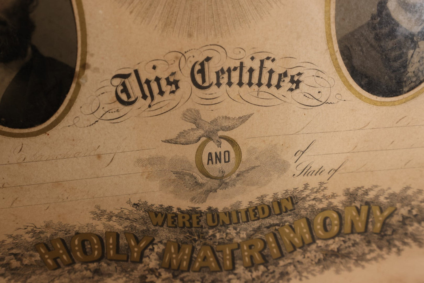 Lot 064 - Antique Holy Matrimony Marriage Certificate Document With Tintype Of Couple, Writing In Ink Has Faded, Crider & Bro Publishers, York, Pennsylvania, Circa 1868, 17" x 22"