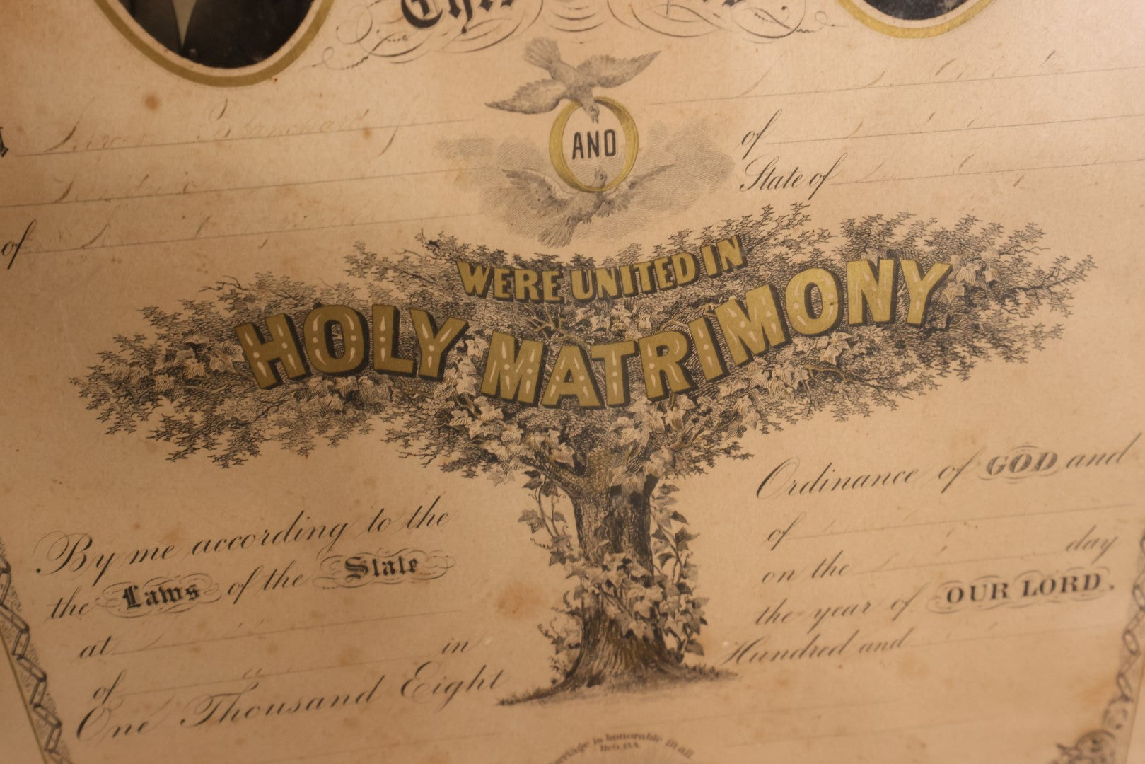 Lot 064 - Antique Holy Matrimony Marriage Certificate Document With Tintype Of Couple, Writing In Ink Has Faded, Crider & Bro Publishers, York, Pennsylvania, Circa 1868, 17" x 22"