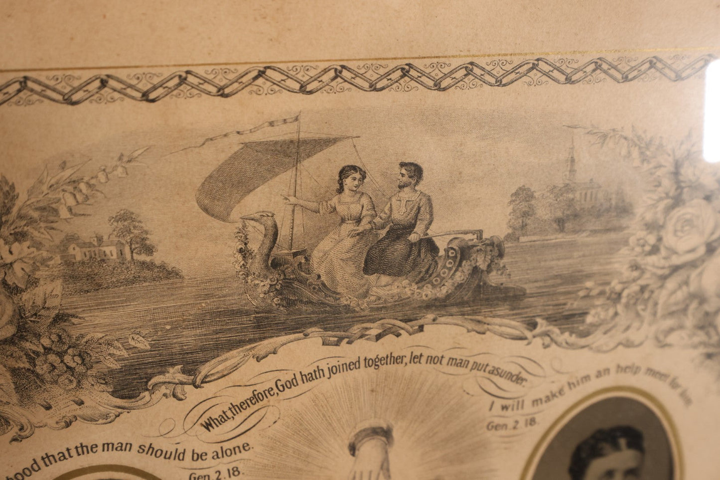 Lot 064 - Antique Holy Matrimony Marriage Certificate Document With Tintype Of Couple, Writing In Ink Has Faded, Crider & Bro Publishers, York, Pennsylvania, Circa 1868, 17" x 22"