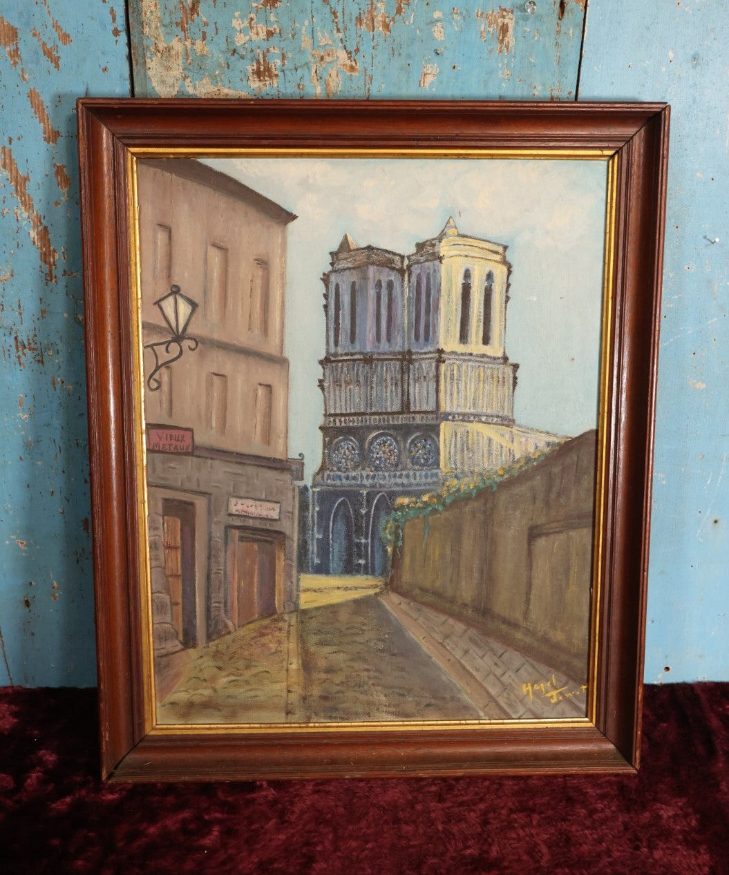 Lot 065 - Antique Oil On Board Painting Of Notre Dame Cathedral From Street, Paris, France, Wood Back, Artist Signed, 19" x 23"