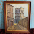 Lot 065 - Antique Oil On Board Painting Of Notre Dame Cathedral From Street, Paris, France, Wood Back, Artist Signed, 19" x 23"