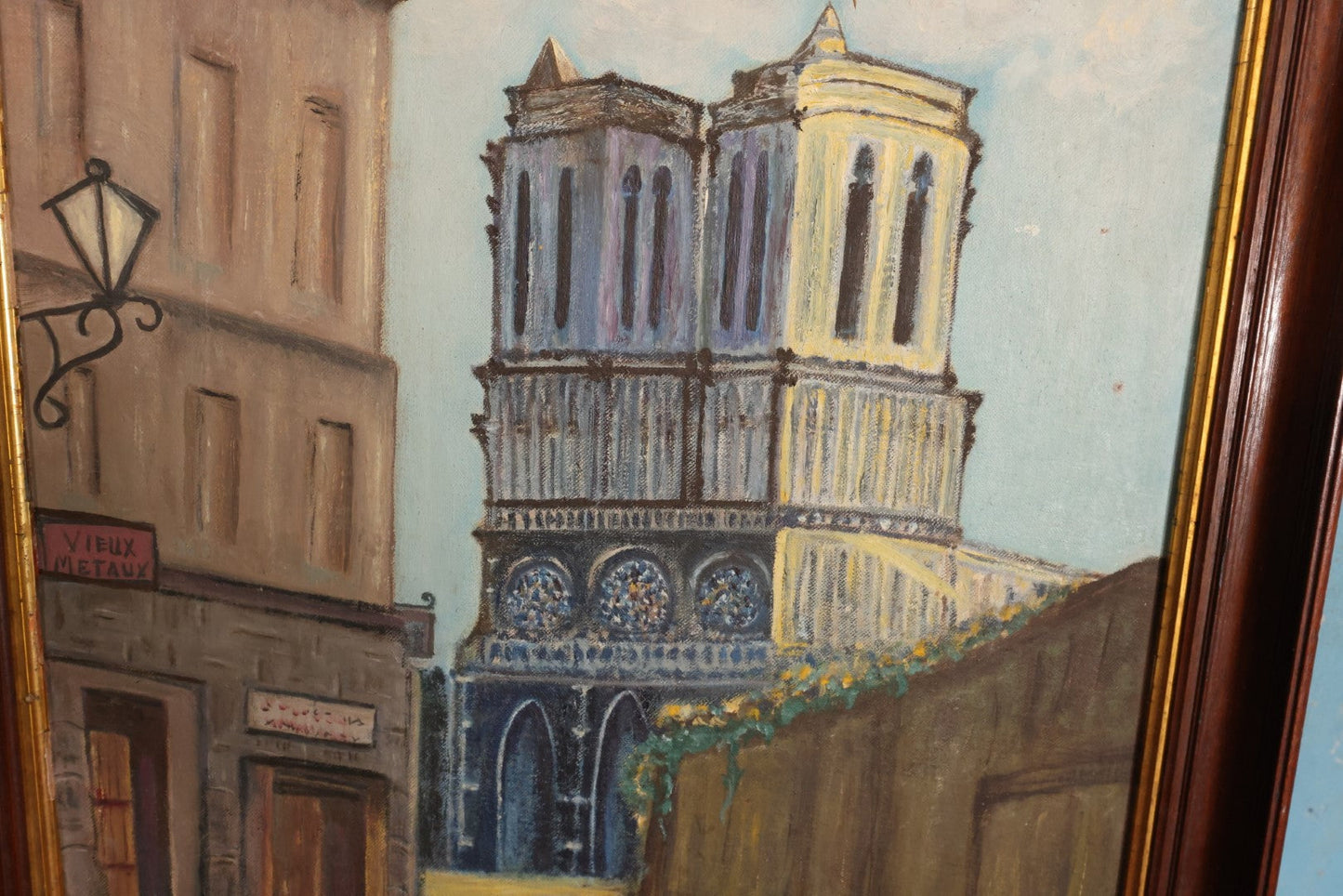 Lot 065 - Antique Oil On Board Painting Of Notre Dame Cathedral From Street, Paris, France, Wood Back, Artist Signed, 19" x 23"