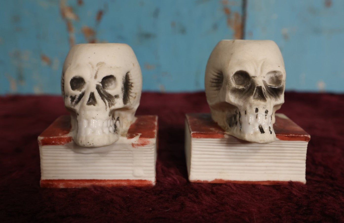 Lot 066 - Pair Of Vintage Bisque Skull Candlestick Holders, Made In Japan, Painted With Losses To Paint, Hairline