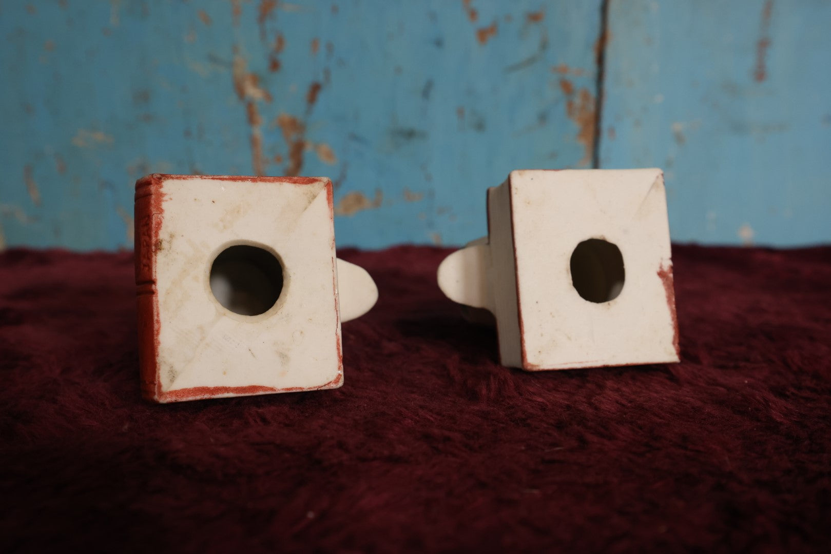 Lot 066 - Pair Of Vintage Bisque Skull Candlestick Holders, Made In Japan, Painted With Losses To Paint, Hairline