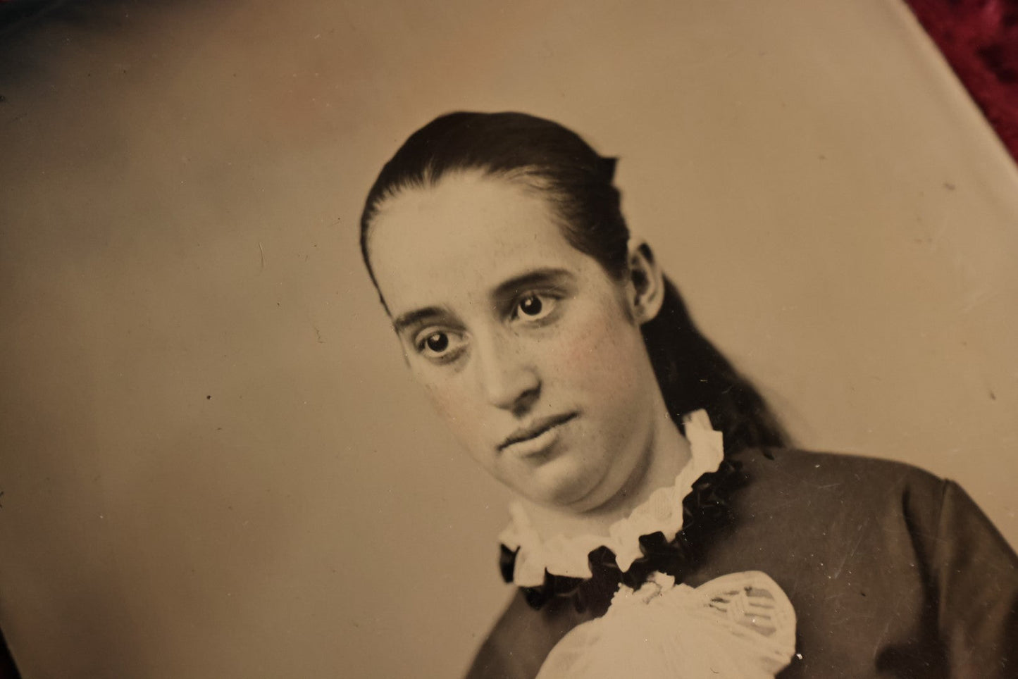 Lot 068 - Incredibly Clear, Fine Condition Full Plate Tintype Of Pretty Young Woman, White Ruffle On Shirt, Hair Pulled Back