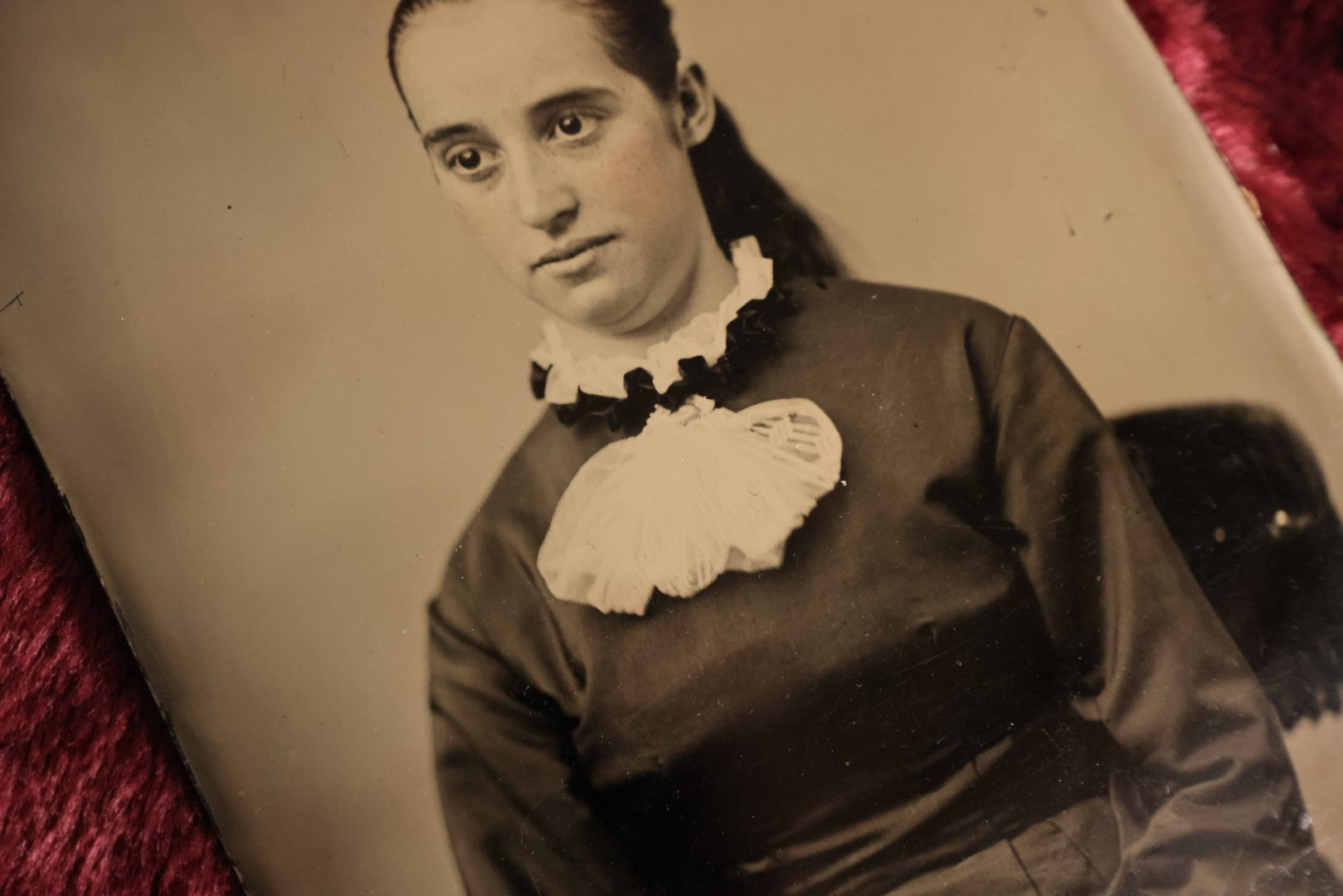 Lot 068 - Incredibly Clear, Fine Condition Full Plate Tintype Of Pretty Young Woman, White Ruffle On Shirt, Hair Pulled Back