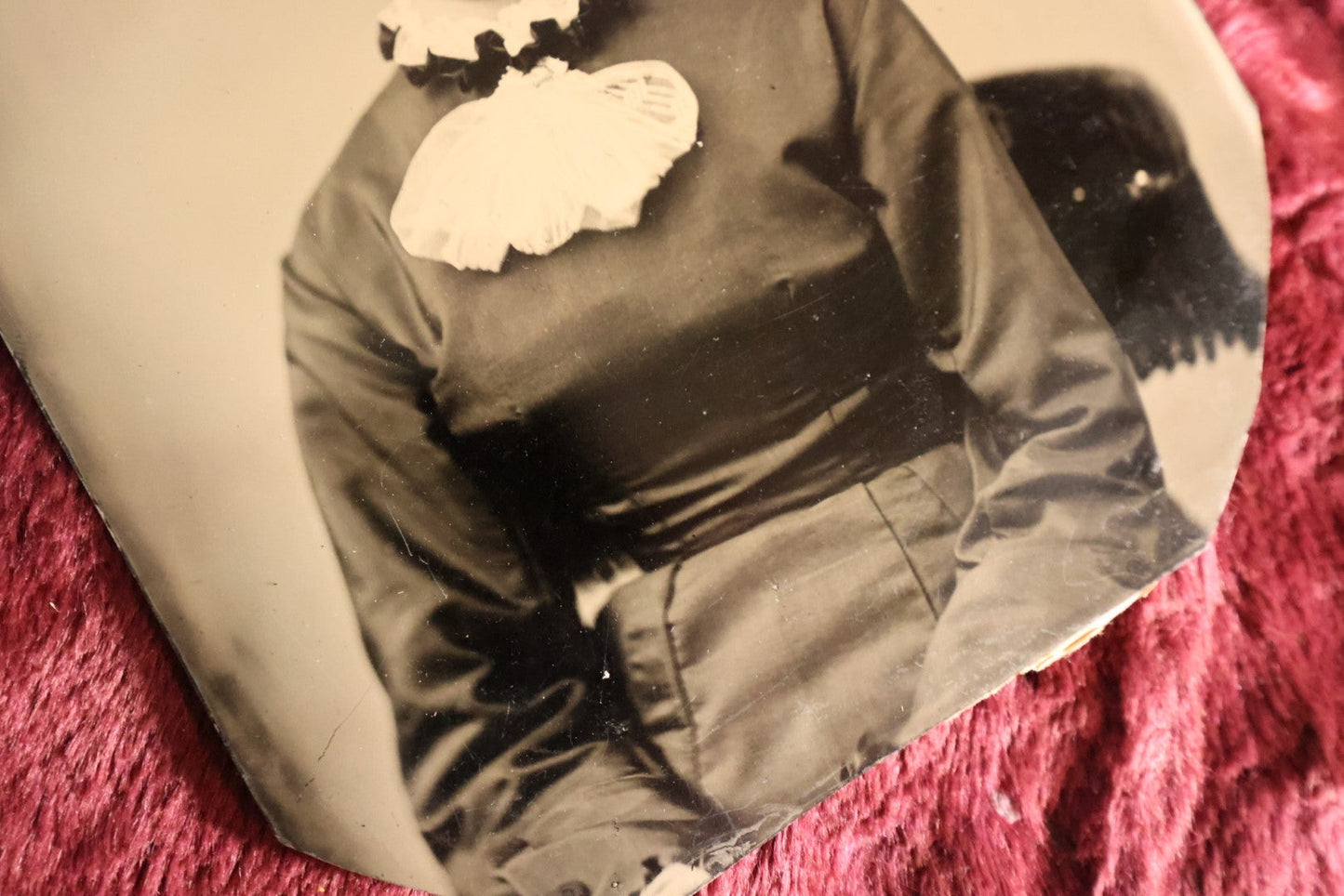 Lot 068 - Incredibly Clear, Fine Condition Full Plate Tintype Of Pretty Young Woman, White Ruffle On Shirt, Hair Pulled Back
