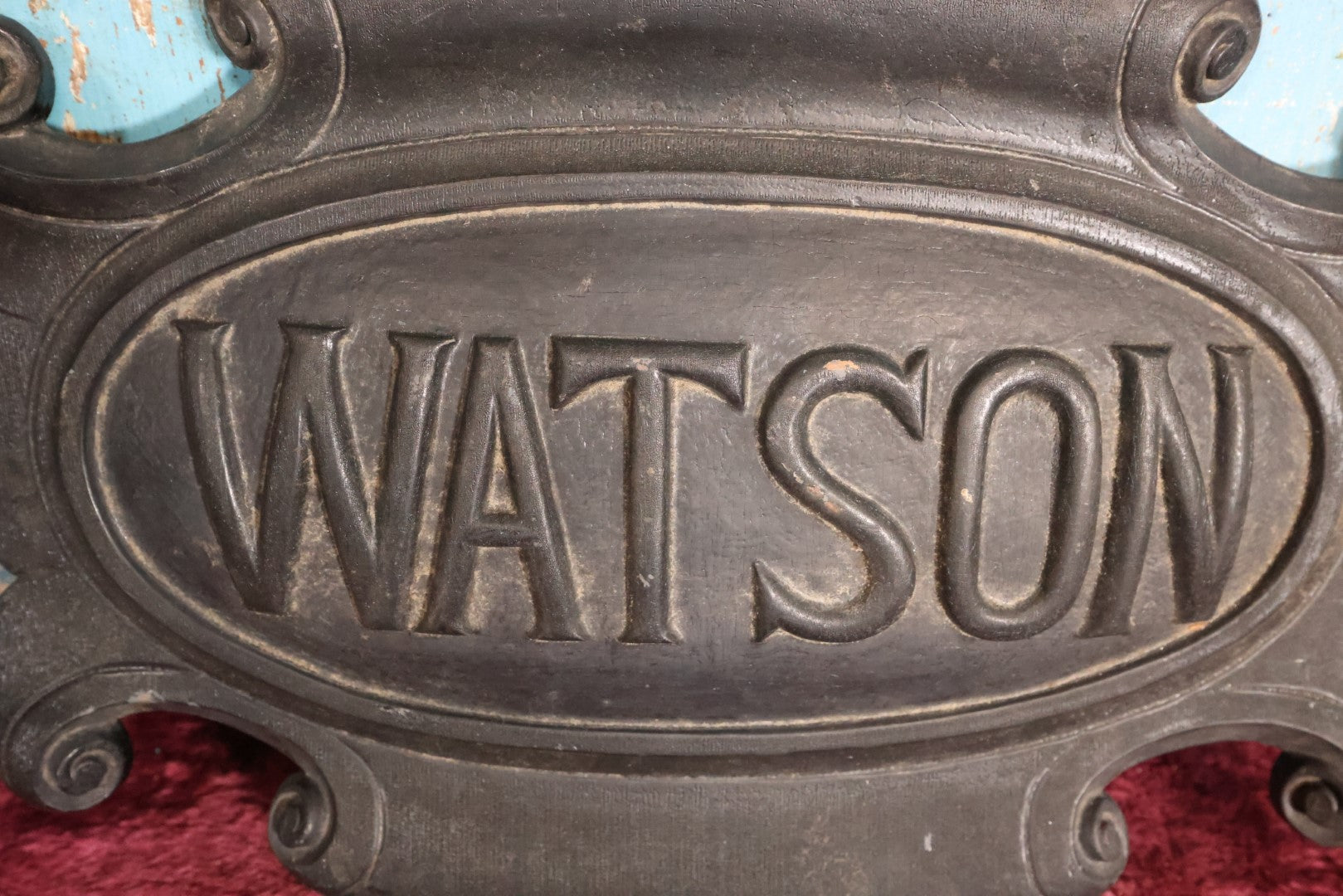 Lot 071 - Antique Carved Wood Black Painted Family Name Plaque, "Watson," Originally Mounted Flat To Something, About 16" x 11"