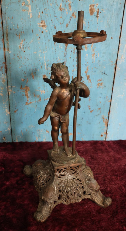 Lot 073 - Antique Pot Metal Figural Cupid Gas Fixture Ornate Lamp, Decorative Only, No Shade