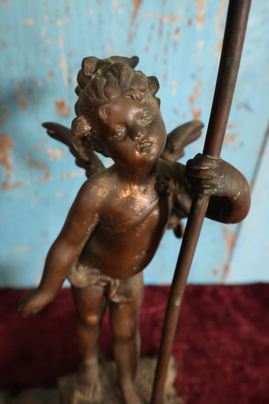 Lot 073 - Antique Pot Metal Figural Cupid Gas Fixture Ornate Lamp, Decorative Only, No Shade