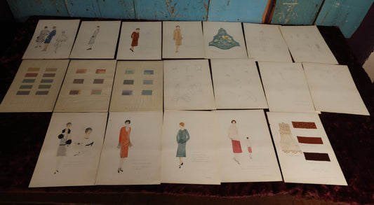 Lot 076 - Grouping Of Nineteen Pages Of Hand Drawn And Painted Fashion Designs And Ideas, Color Swatches, Fabric Swatches, Sketches, Perhaps From Fashion School, Paper Marked "Bainbridge Drawing School"