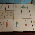 Lot 076 - Grouping Of Nineteen Pages Of Hand Drawn And Painted Fashion Designs And Ideas, Color Swatches, Fabric Swatches, Sketches, Perhaps From Fashion School, Paper Marked "Bainbridge Drawing School"
