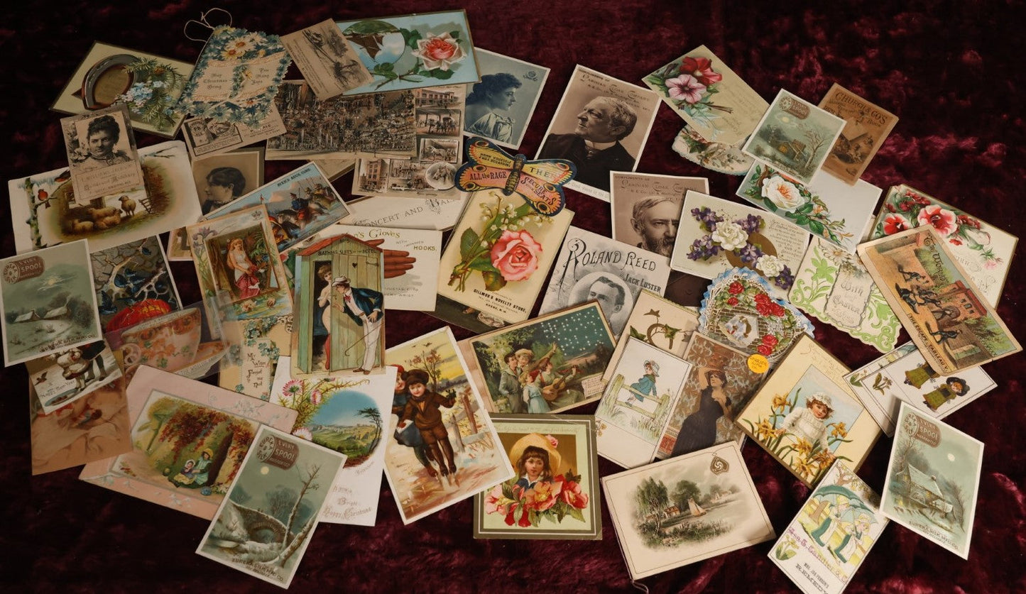 Lot 077 - Grouping Of 50+ Victorian And Edwardian Lithographed Trade Cards And Advertising Cards, Including Naughty Bathing Suite Card, Guitar Shop, And More