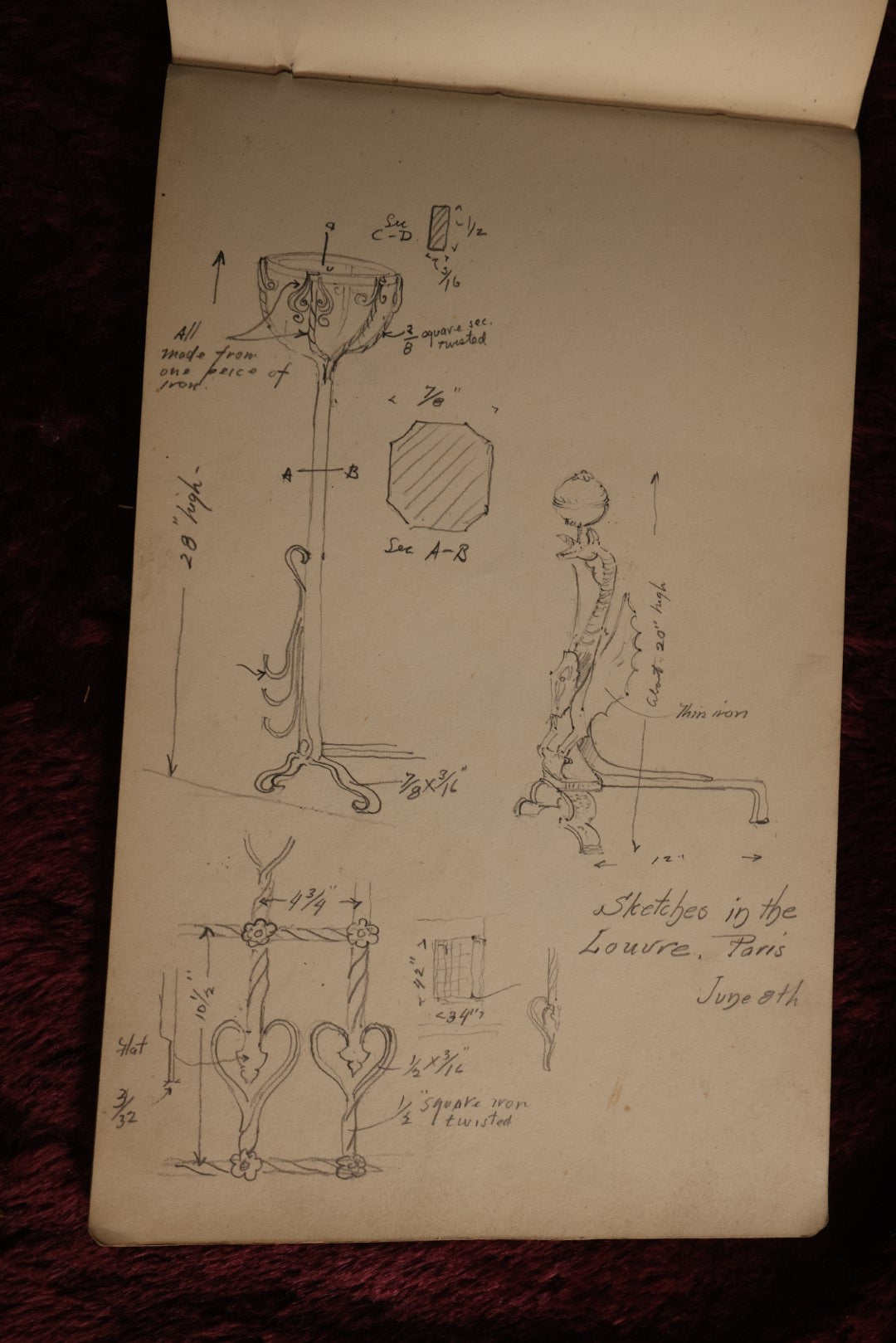 Lot 078 - Antique 1913 Architecture And Design Sketchbook, Likely Belonged To A Student Traveling In Europe, Designs From Paris, France, London, And Boston, Sketchbook Purchased At Chapron Coquelin, 34 Rue De Seine