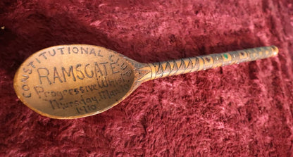 Lot 086 - Antique Folk Art Pyrography Constitutional Club Ramsgate Progressive Whist Card Game Spoon, Thursday, March 10, 1910, With Gems, Wood Burned Face, Likely From Kent, England
