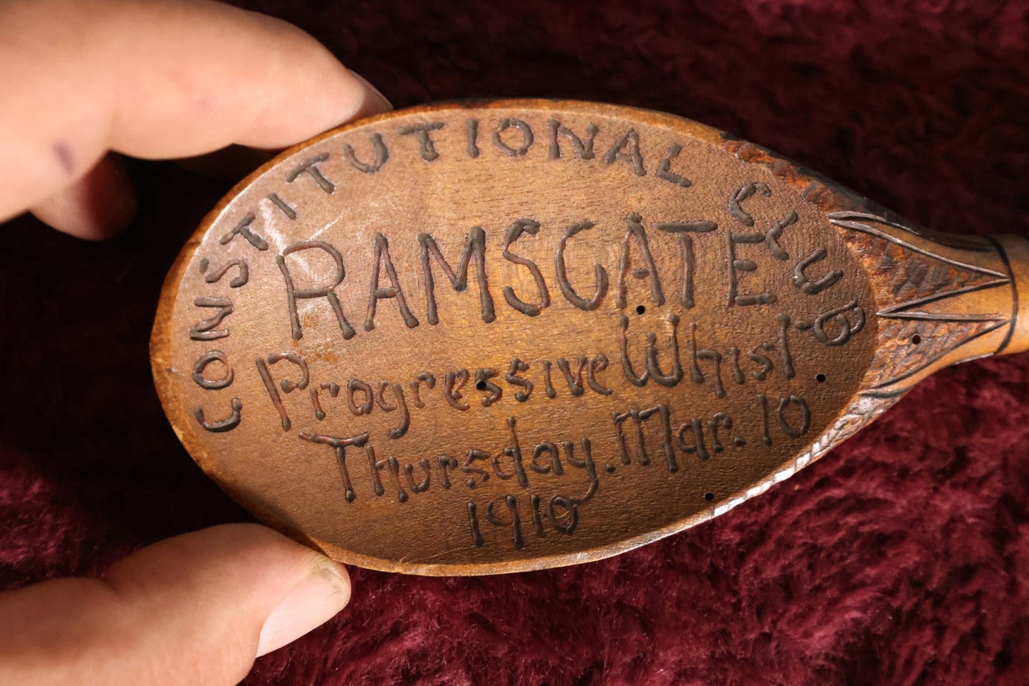 Lot 086 - Antique Folk Art Pyrography Constitutional Club Ramsgate Progressive Whist Card Game Spoon, Thursday, March 10, 1910, With Gems, Wood Burned Face, Likely From Kent, England