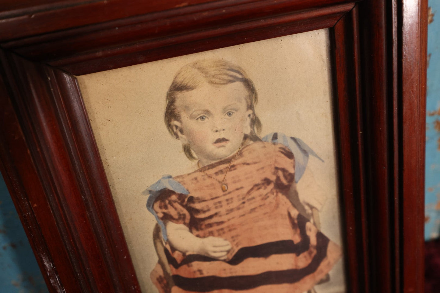 Lot 088 - Antique Hand Colored Framed Photograph Of Young Girl In Pink Dress With Black Stripes