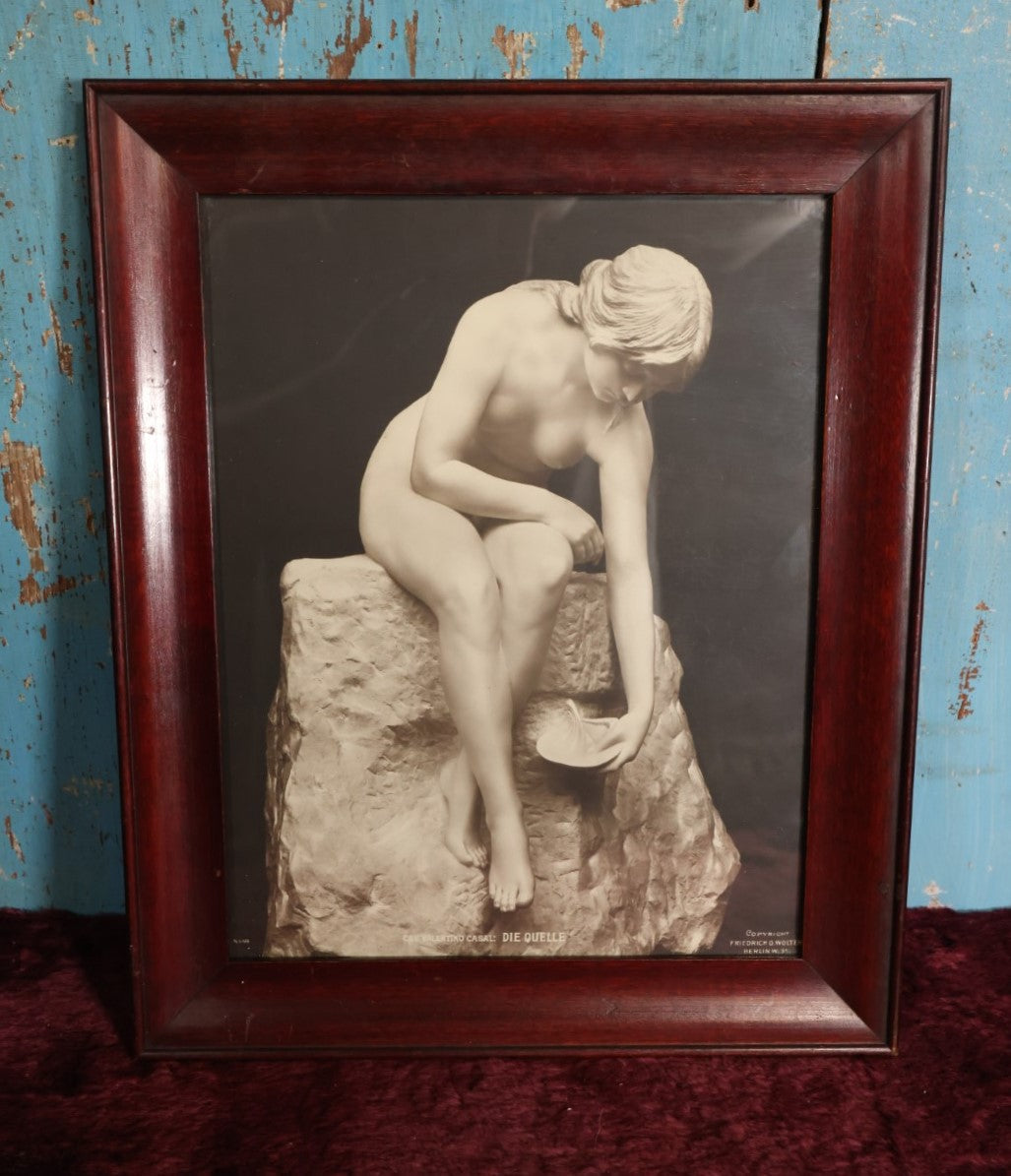 Lot 093 - Antique Framed German Print Depicting Nude Sculpture Of Woman With Lily, By Valentino Casal, Italian Sculptor, Print Copyright Friedrich O. Walter, Berlin