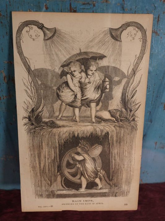 Lot 095 - Antique Engraving, Page From Music Book, "Rain Imps Grinding Up The Rain In April," Book Plate, Loose, Unframed