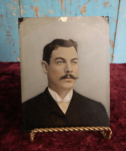 Lot 096 - Full Plate Hand Colored, Hand Tinted Tintype Of Man With Small Piece Of Jewelry, Nice Mustache