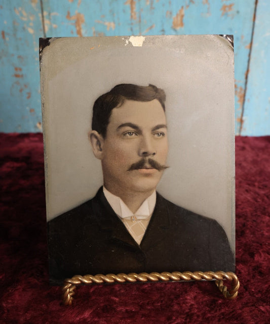 Lot 096 - Full Plate Hand Colored, Hand Tinted Tintype Of Man With Small Piece Of Jewelry, Nice Mustache