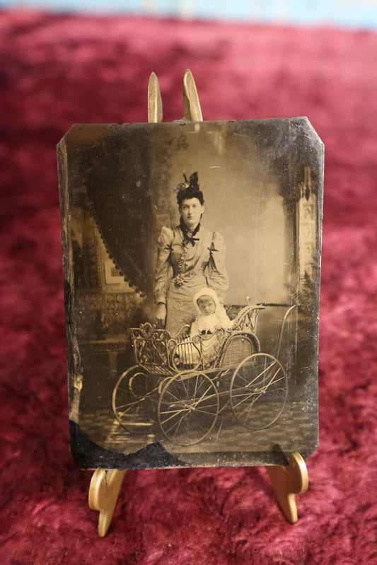 Lot 100 - Tintype - Woman With Baby In Four-Wheeled Pram Carriage