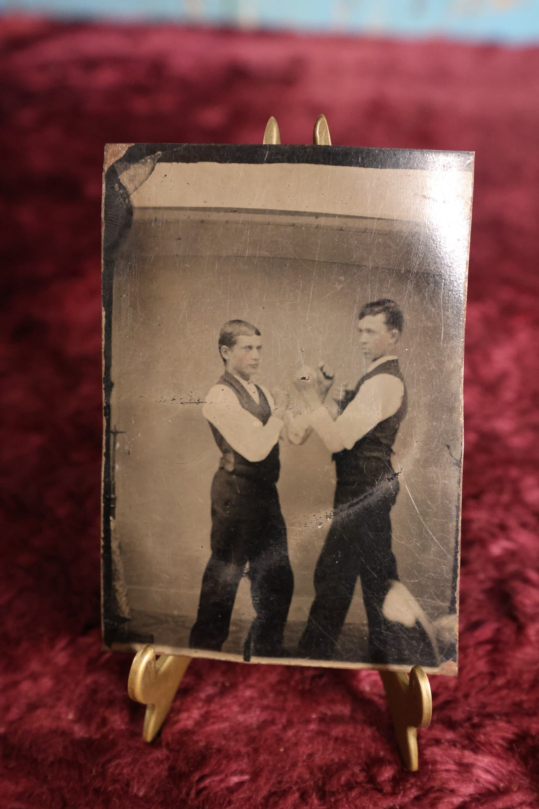 Lot 118 - Tintype - Two Young Men In Boxing Fisticuffs Pose, Wearing Vests, Long White Sleeves