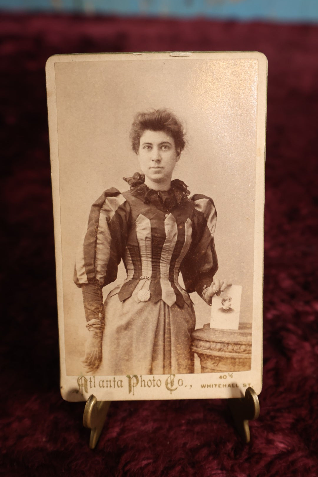 Lot 123 - Cart De Viste (CDV) - Woman In Striped Dress Holding Cabinet Card, Pip, Picture In Picture, Identified As Ethel Richards, Holding Photo Of Sister Lillie, Atlanta Photo Company, Whitehall Street 