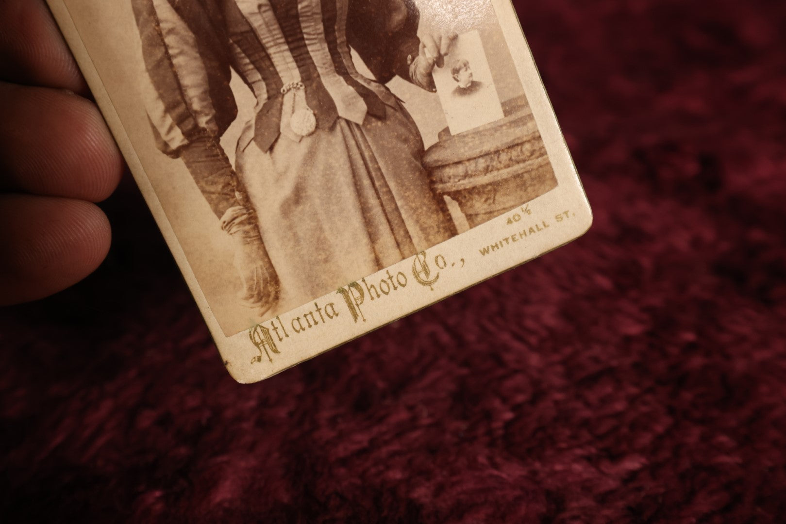 Lot 123 - Cart De Viste (CDV) - Woman In Striped Dress Holding Cabinet Card, Pip, Picture In Picture, Identified As Ethel Richards, Holding Photo Of Sister Lillie, Atlanta Photo Company, Whitehall Street 