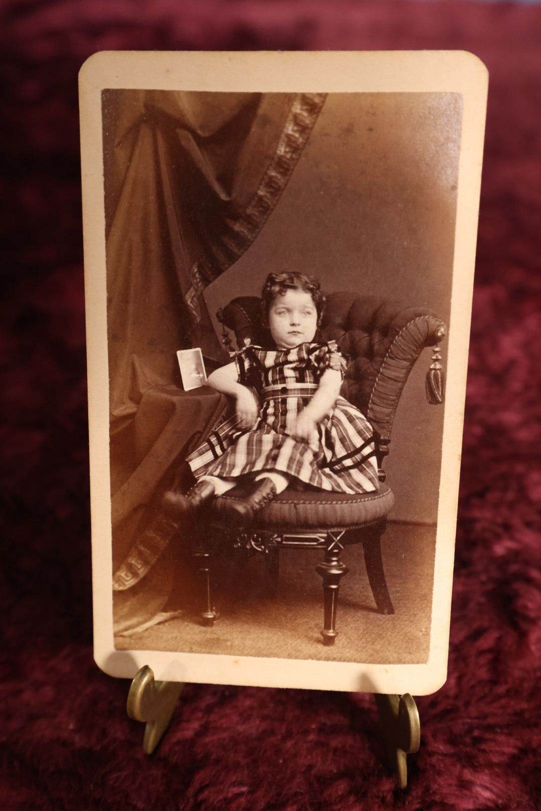 Lot 124 - Cart De Viste (CDV) - Toddler In Chair And Plaid Dress With Cabinet Card On Table, Pip, Picture In Picture, George Eichler, New York, Photographer