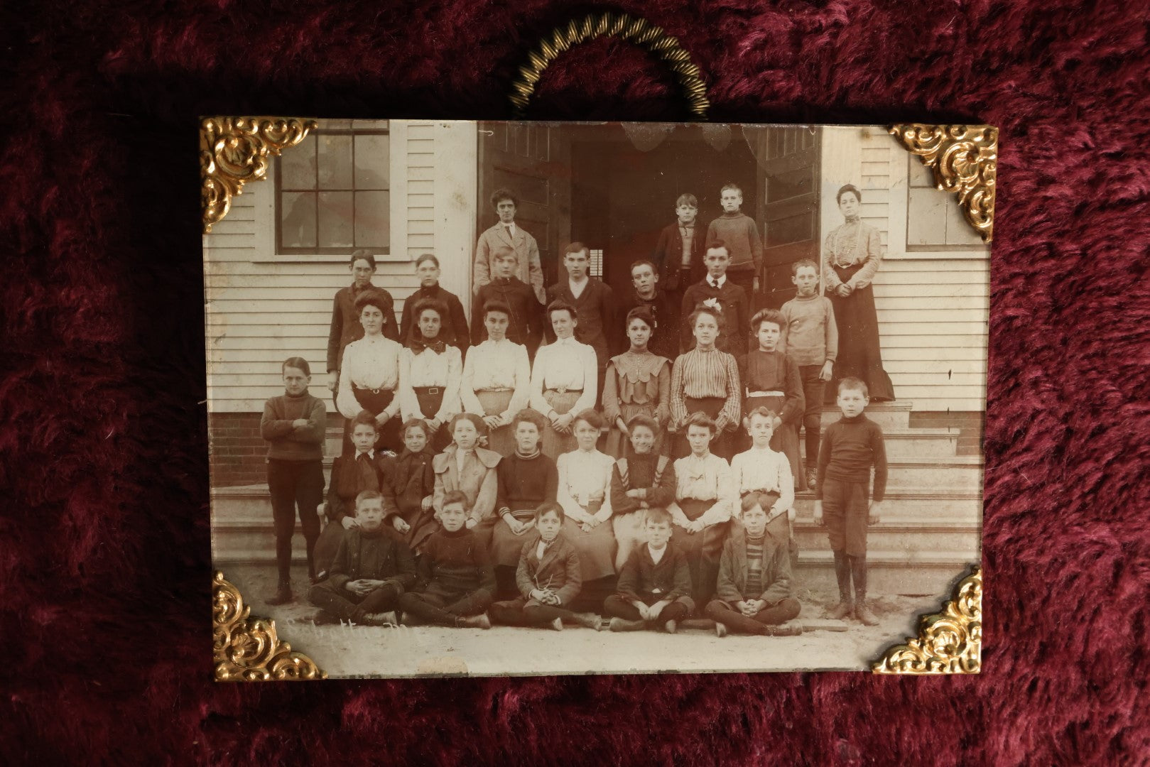 Lot 131 - Antique Photo Behind Glass With Brass Corners, School Group Photo, Note Boy In Window, With Hanger On Back