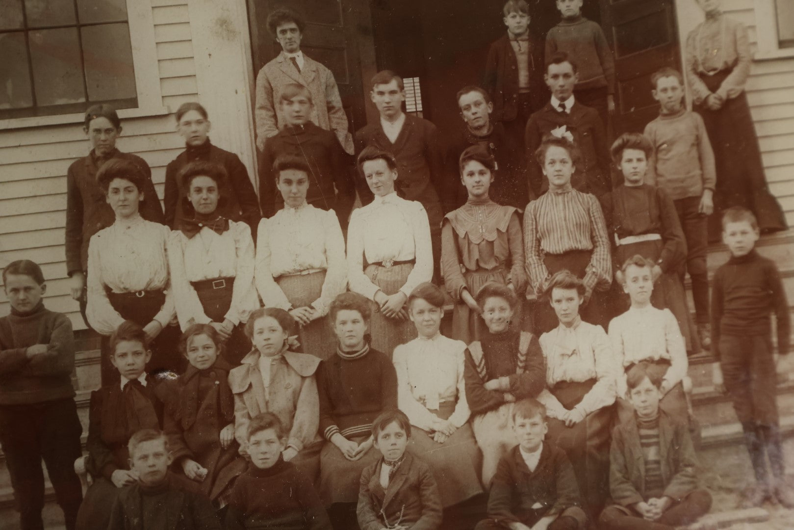 Lot 131 - Antique Photo Behind Glass With Brass Corners, School Group Photo, Note Boy In Window, With Hanger On Back