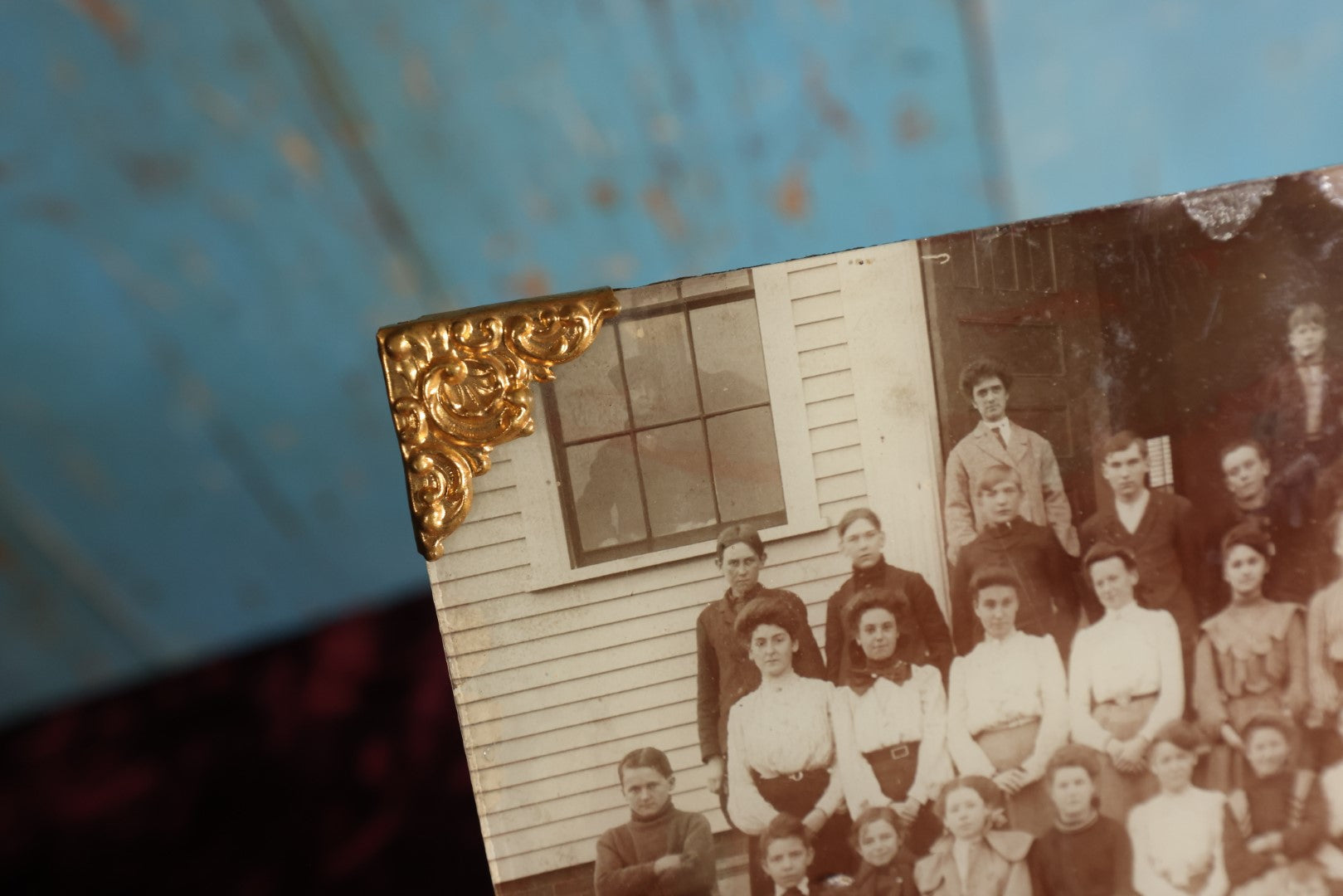 Lot 131 - Antique Photo Behind Glass With Brass Corners, School Group Photo, Note Boy In Window, With Hanger On Back