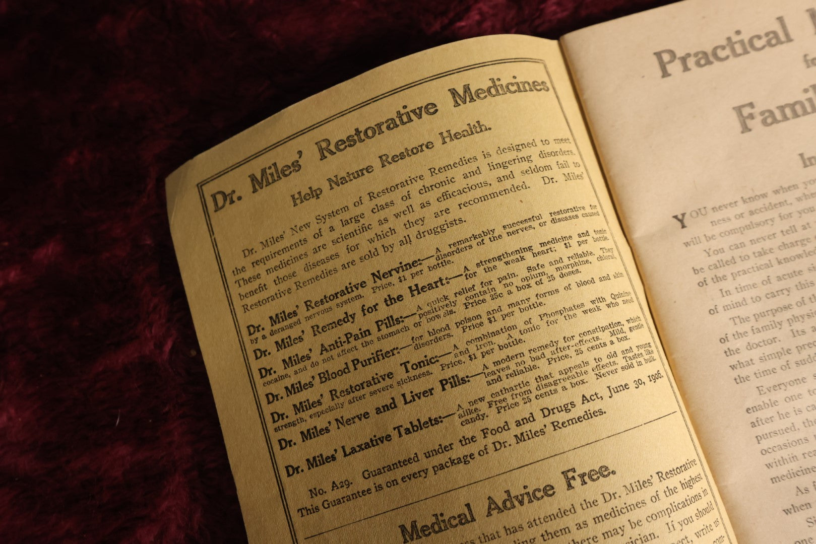 Lot 132 - Dr. Miles' Family Medical Guide For Treating Common Ailments, Accidents, Practical Laws Of Health Pamphlet, Elhart, Indiana, Note Interesting Ailments, St. Vitus' Dance, Hysteria