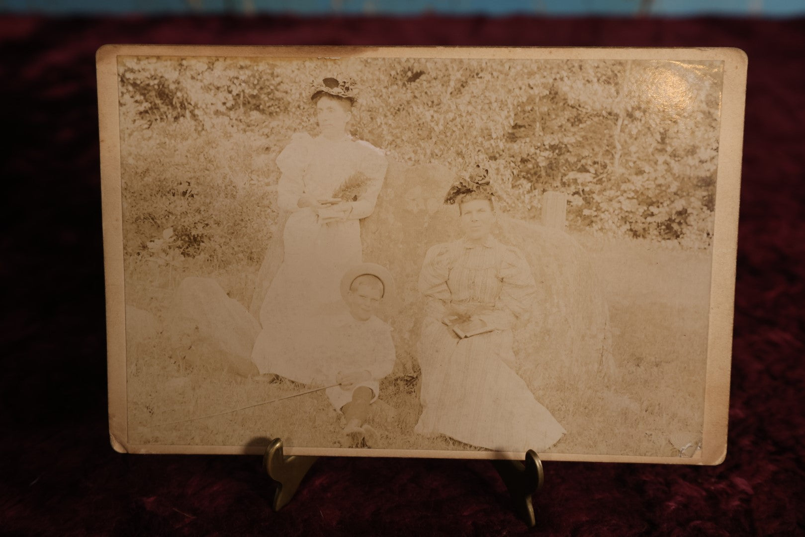 Lot 140 - Cabinet Card - Two Women And Young Boy Outdoors By Rock, Picnic Photo