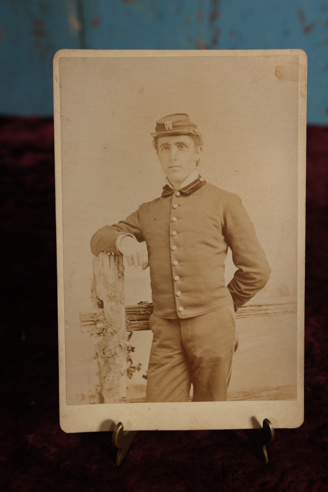 Lot 142 - Cabinet Card - Solder Leaning On Fence Post, Arm Behind Back, Wearing Cap, H.S. Wyer Photographer, Yonker'S, New York