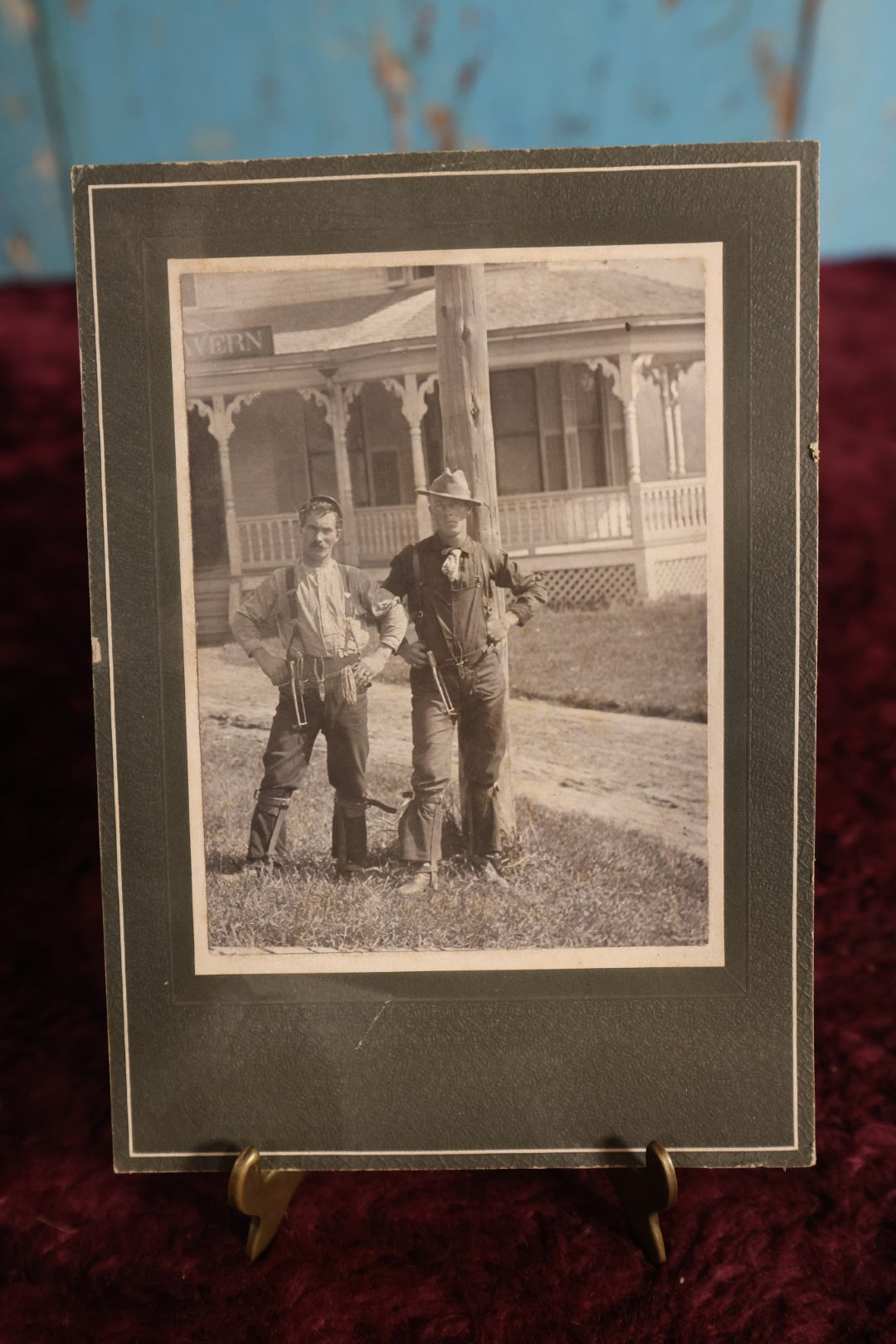 Lot 151 - Small Boarded Photo - Two Gruff Looking Tradesmen, Laborers, Outside Tavern, Tools On Belt, Possible Line Workers, Electricity Workers