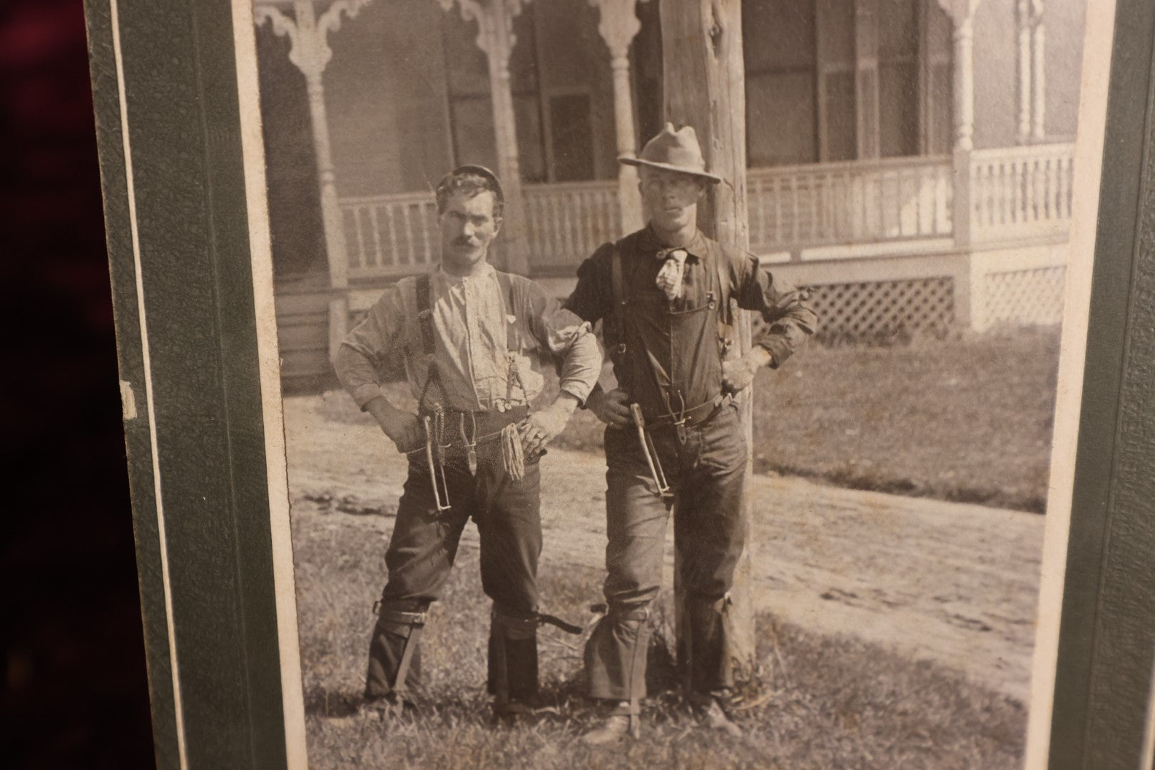 Lot 151 - Small Boarded Photo - Two Gruff Looking Tradesmen, Laborers, Outside Tavern, Tools On Belt, Possible Line Workers, Electricity Workers