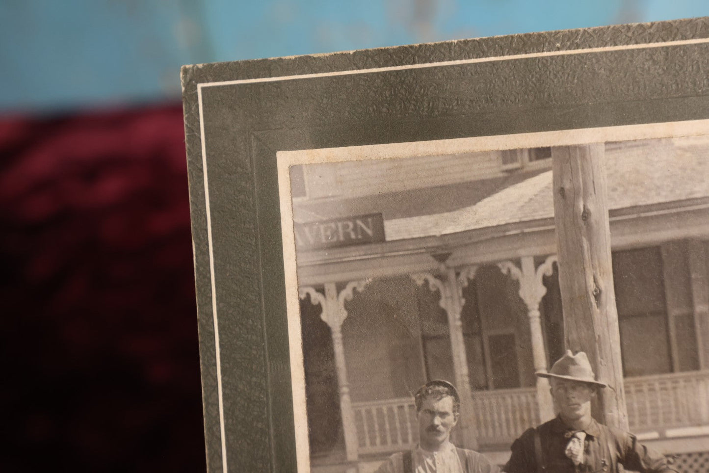 Lot 151 - Small Boarded Photo - Two Gruff Looking Tradesmen, Laborers, Outside Tavern, Tools On Belt, Possible Line Workers, Electricity Workers