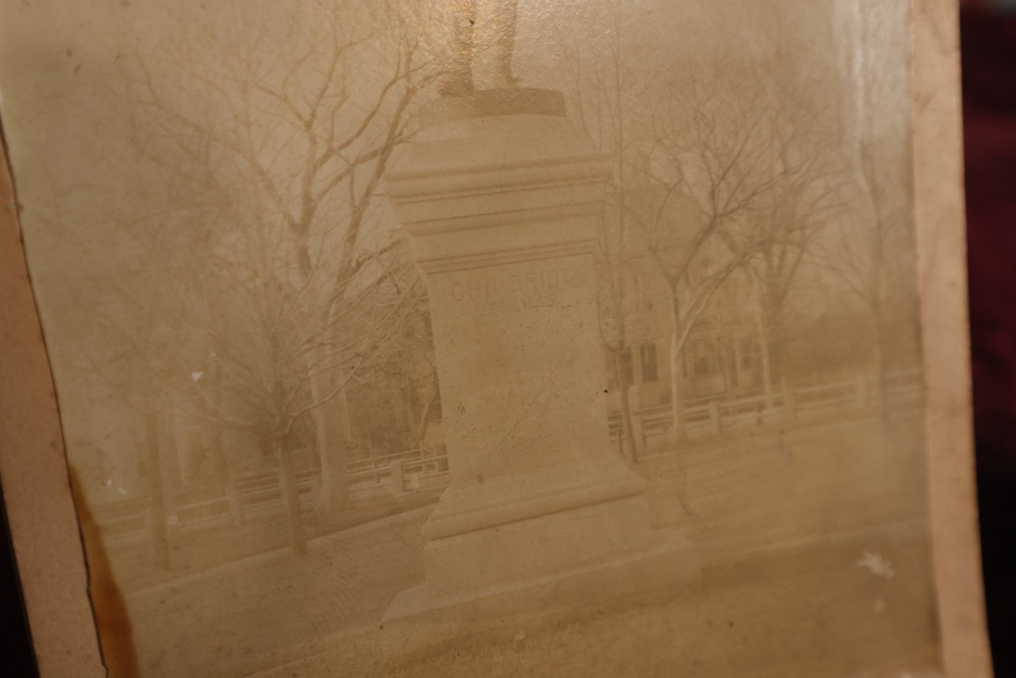 Lot 152 - Pair Of Larger Size Cabinet Card Photos Of Monuments, Statue Of Puritan Settler John Bridge, Cambridge, Massachusetts, Monument Marking Tree Where Washington First Took Control Of Troops