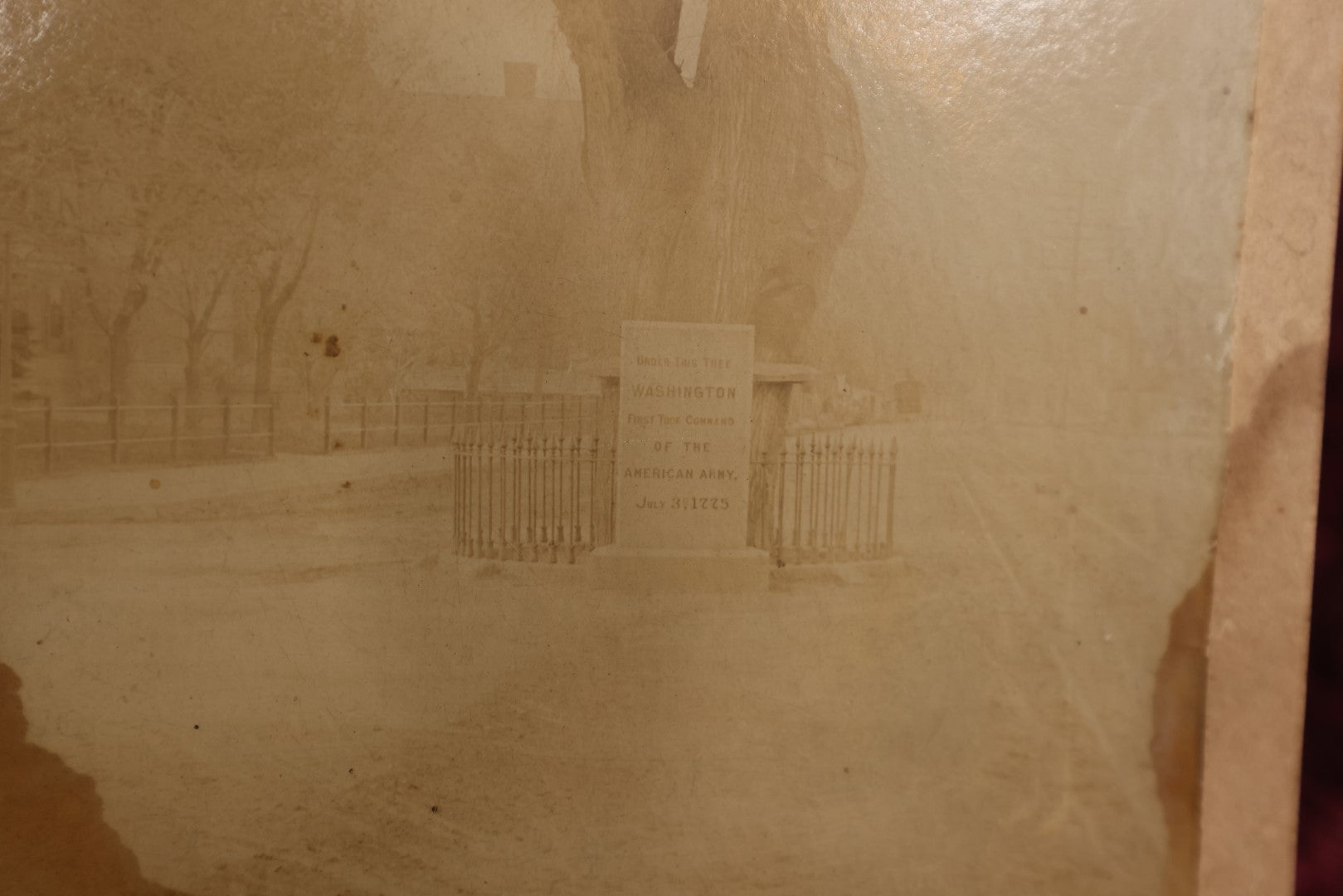 Lot 152 - Pair Of Larger Size Cabinet Card Photos Of Monuments, Statue Of Puritan Settler John Bridge, Cambridge, Massachusetts, Monument Marking Tree Where Washington First Took Control Of Troops