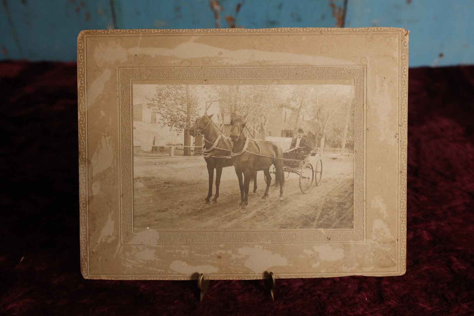 Lot 155 - Boarded Photo - Man In Horse Drawn Carriage Pulled By Two Horses, Dirt Road, Outdoor Photo