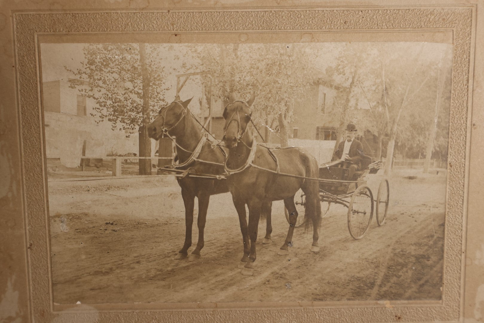 Lot 155 - Boarded Photo - Man In Horse Drawn Carriage Pulled By Two Horses, Dirt Road, Outdoor Photo