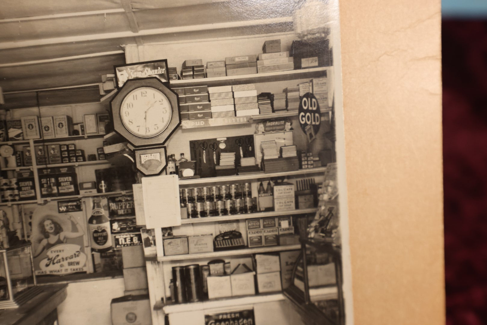 Lot 156 - Boarded Photo - Old Man Behind Counter Of General Store, Many Products And Advertisments, Old Gold Tobacco Sign